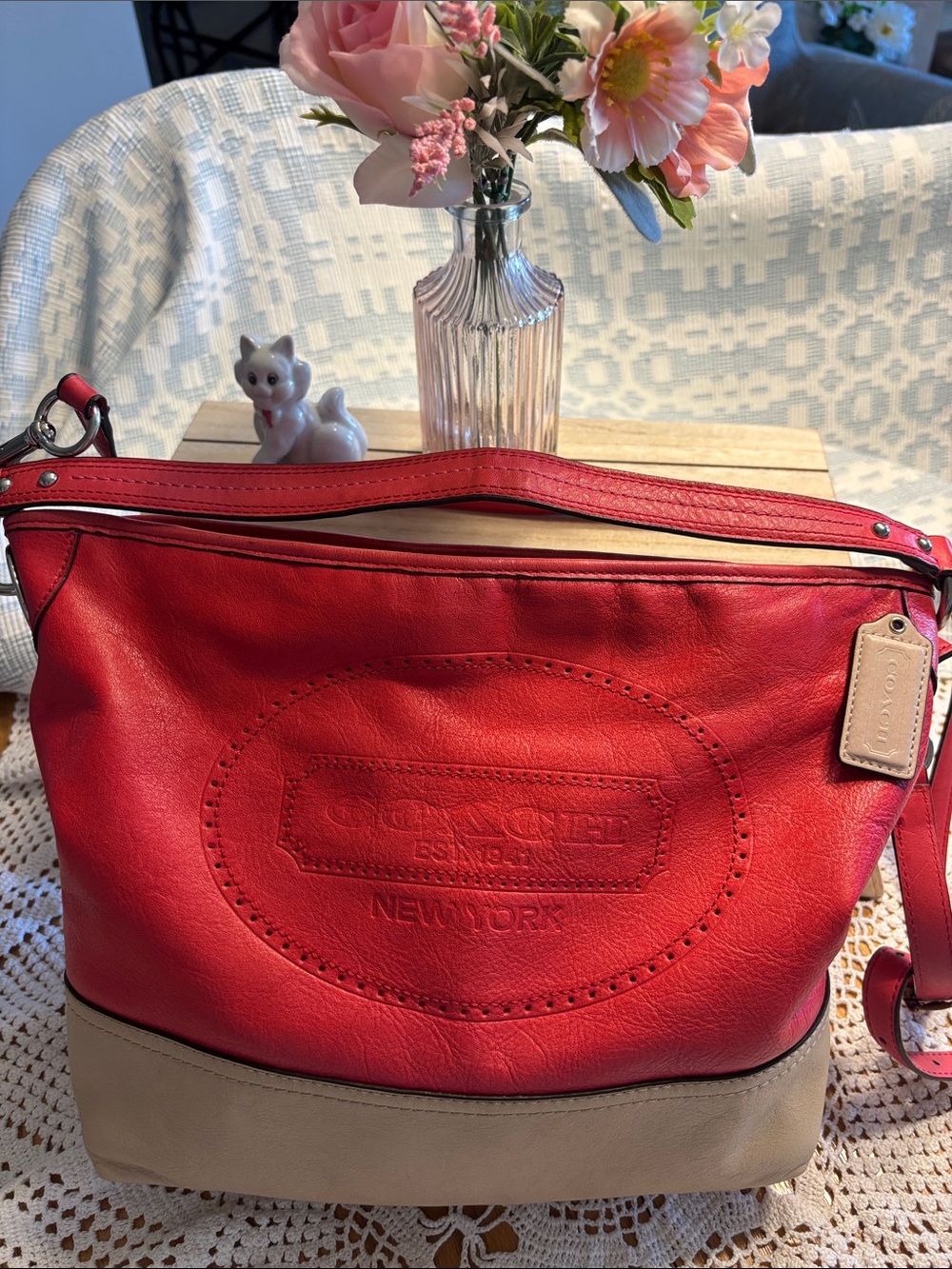 Coach Red and Beige Leather Shoulder Bag